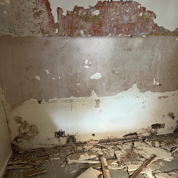 A wall taken back to the substrate, old paint layers peeling above the damp line and debris across the floor